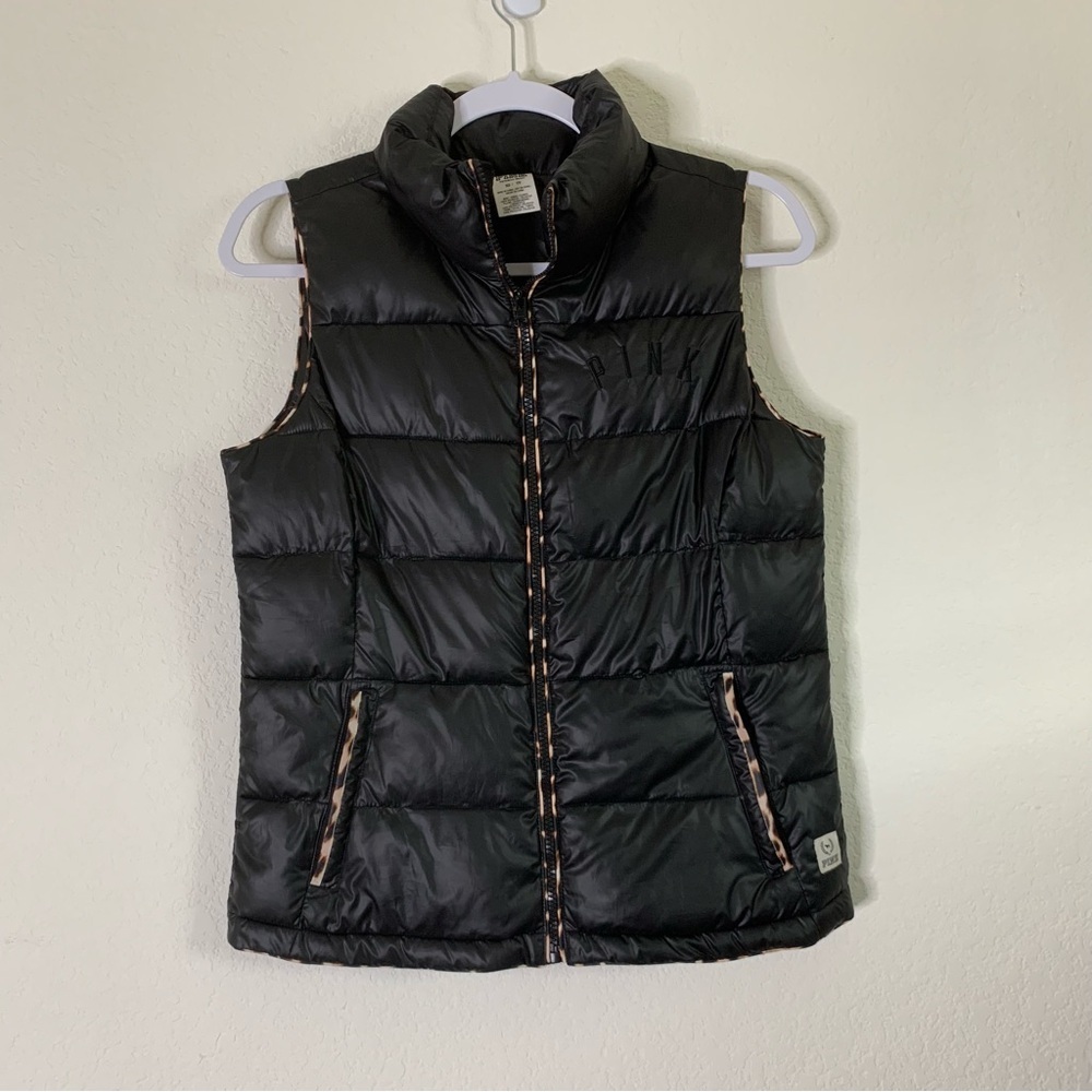 VS Pink Black Animal print trim full zip puffer vest XS